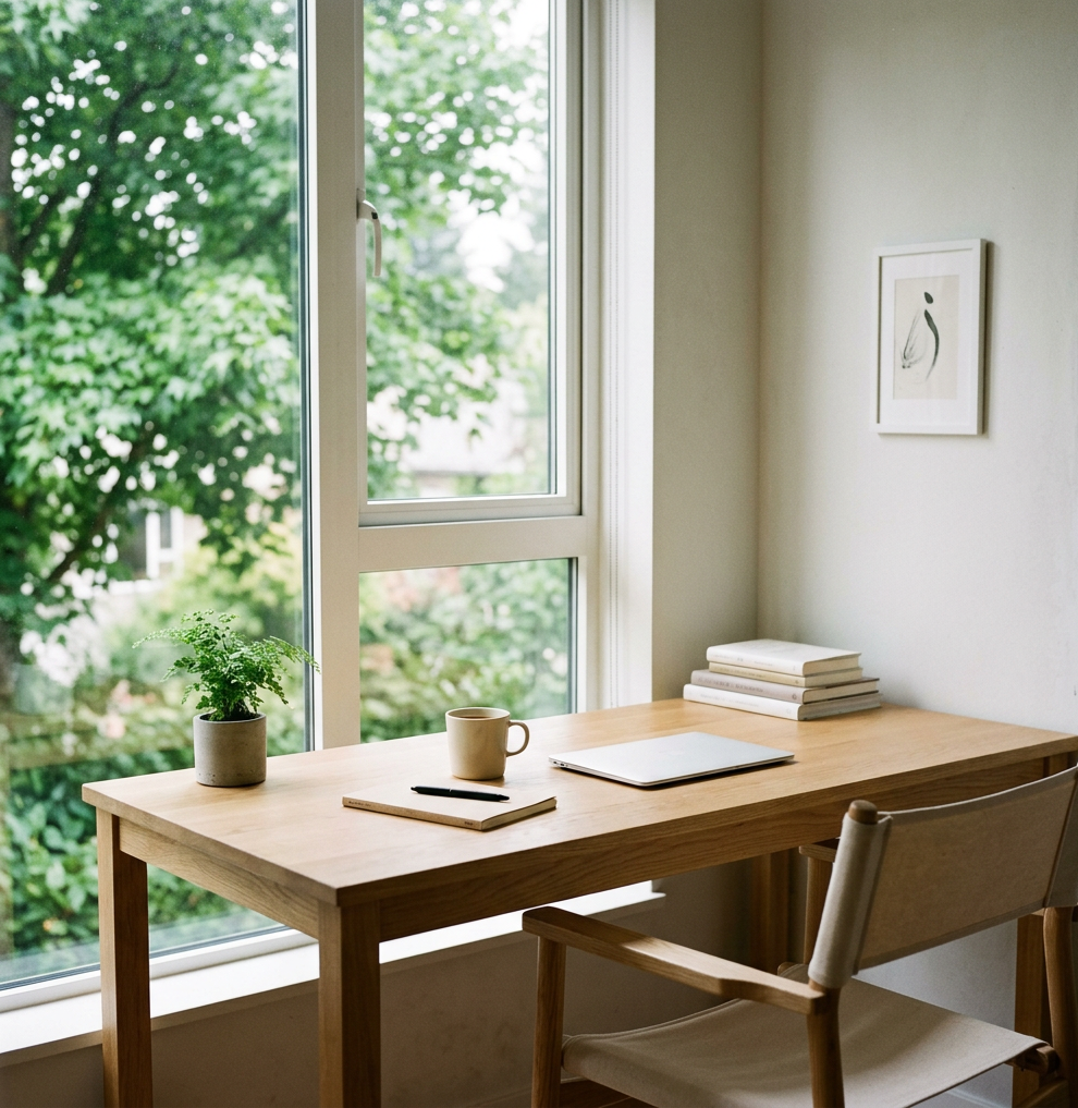 Wooden desk with laptop, books, coffee, and plant beside a garden window